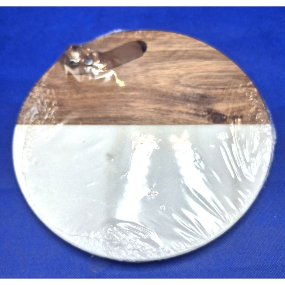 10" Acacia Wood Marble Cutting Board Cheese Board Leather Hanger NEW Sealed